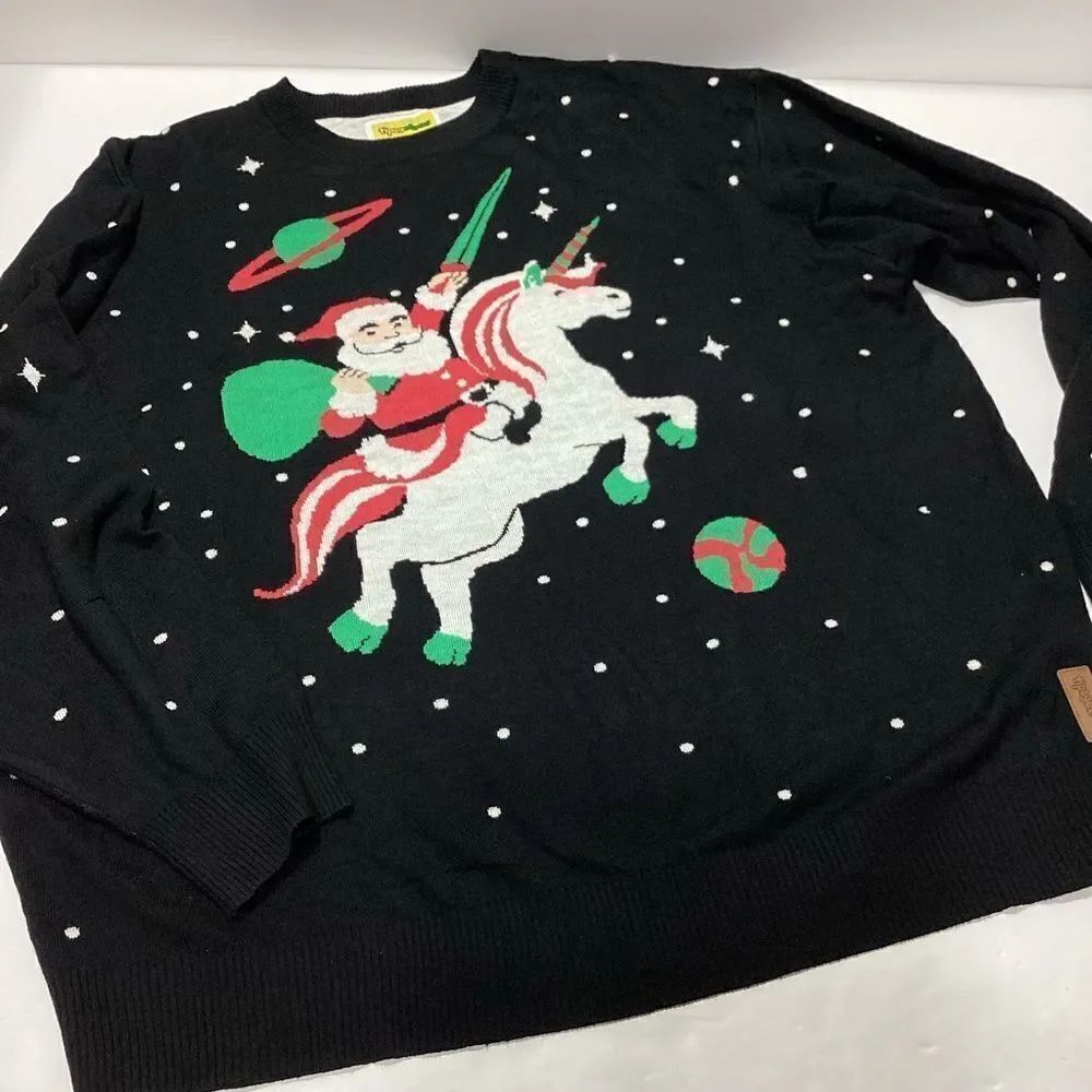 Tipsy Elves Santa Riding Unicorn Sweater Black 4X
